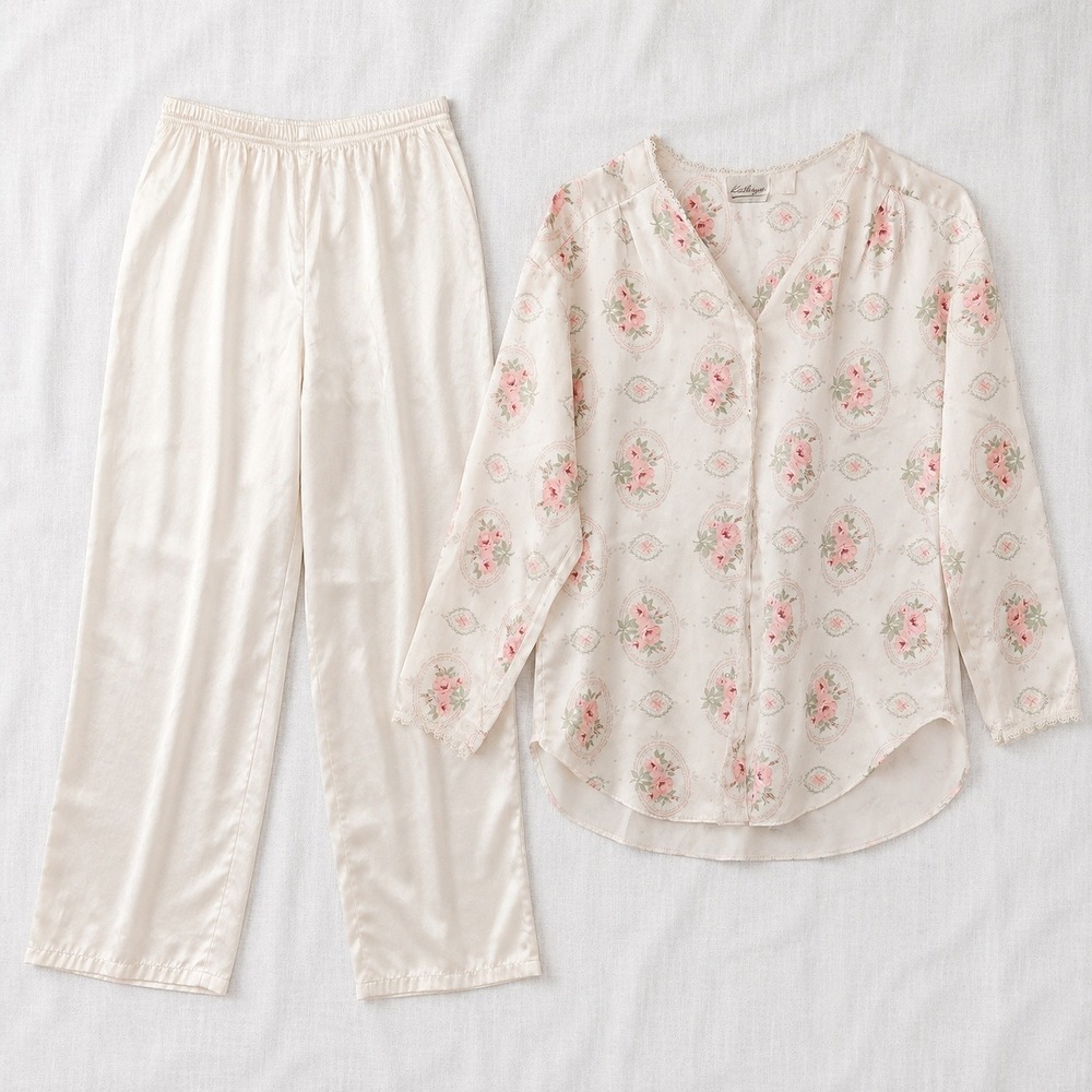 Vintage Kathryn Pajama Set Small Satin Fleece Backed Lace Trim Silky PJs